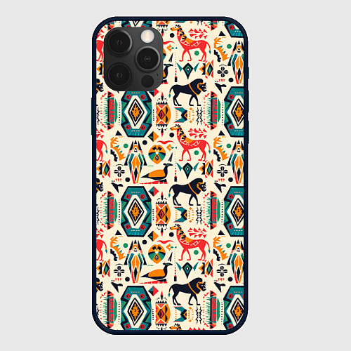 Чехол iPhone 12 Pro Max Африканские узор лев и жираф / 3D-Черный – фото 1