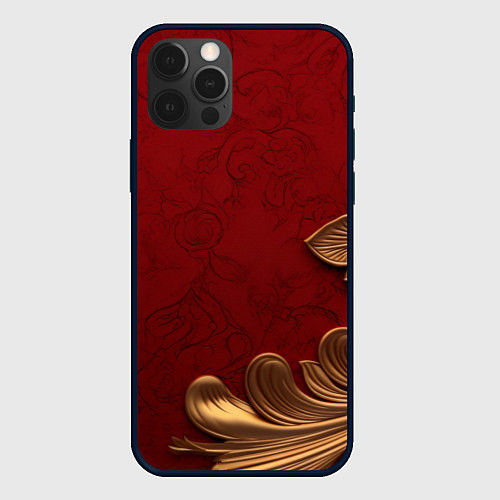 Чехол iPhone 12 Pro Max Объемный золотой лист на красном текстурном фоне / 3D-Черный – фото 1