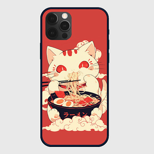 Чехол iPhone 12 Pro Max Japanese cat eats ramen / 3D-Черный – фото 1