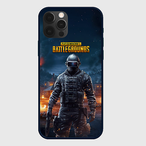 Чехол iPhone 12 Pro Max PUBG персонаж в ночном городе / 3D-Черный – фото 1