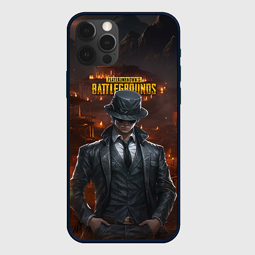 Чехол iPhone 12 Pro Max PUBG персонаж - город в огне / 3D-Черный – фото 1