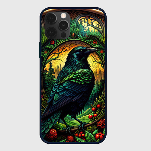 Чехол iPhone 12 Pro Max Скандинавский ворон лесной узор / 3D-Черный – фото 1