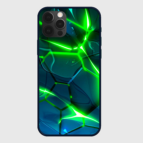 Чехол iPhone 12 Pro Max Неоновые яркие зеленые разломленные плиты со свето / 3D-Черный – фото 1