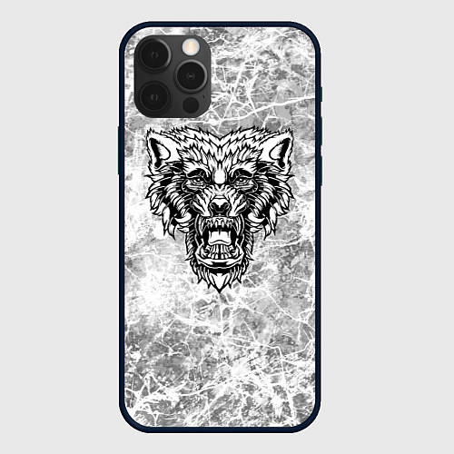 Чехол iPhone 12 Pro Max Черно-белый злой волк на сером фоне / 3D-Черный – фото 1