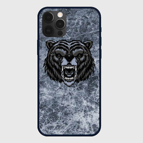 Чехол iPhone 12 Pro Max Серый злой медведь на сером текстурном фоне / 3D-Черный – фото 1
