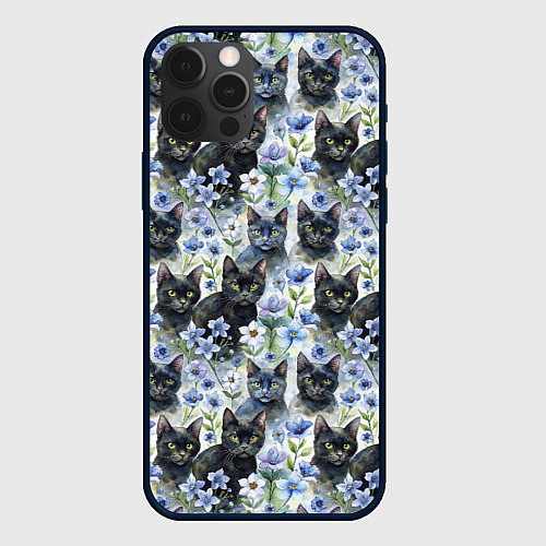 Чехол iPhone 12 Pro Max Черные коты в незабудках / 3D-Черный – фото 1