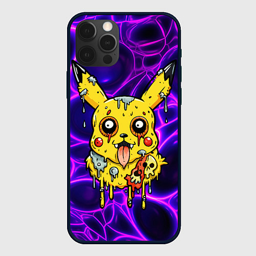 Чехол iPhone 12 Pro Max Растекшийся Пикачу зомби на неоне / 3D-Черный – фото 1