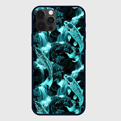 Чехол для iPhone 12 Pro Max Карпы кои и водопад - бирюзовый неон, цвет: 3D-черный