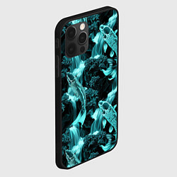 Чехол для iPhone 12 Pro Max Карпы кои и водопад - бирюзовый неон, цвет: 3D-черный — фото 2