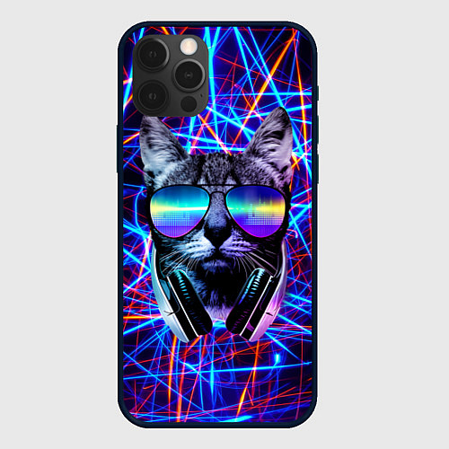 Чехол iPhone 12 Pro Max Cat DJ neon / 3D-Черный – фото 1