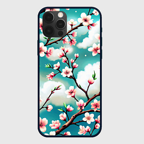Чехол iPhone 12 Pro Max Цветущие ветки японской сакуры / 3D-Черный – фото 1