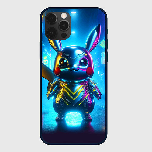 Чехол iPhone 12 Pro Max Neon cyber Pikachu made of metal steel - ai art / 3D-Черный – фото 1