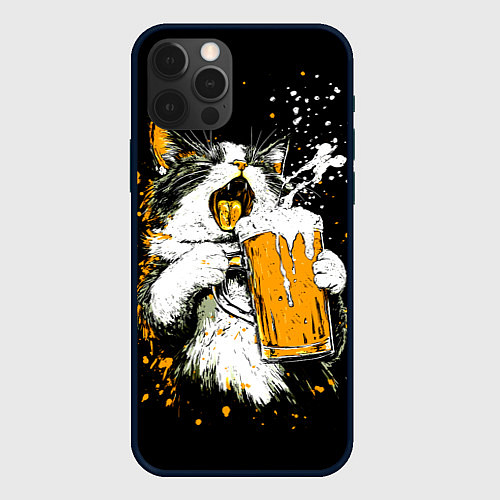 Чехол iPhone 12 Pro Max Кот поет под пиво / 3D-Черный – фото 1