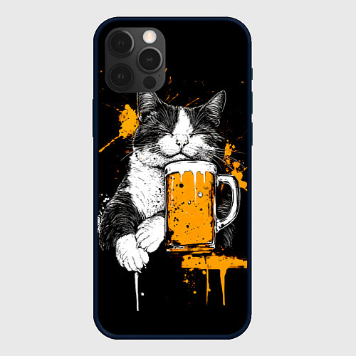 Чехол iPhone 12 Pro Max Уставший кот с кружкой пива / 3D-Черный – фото 1