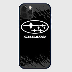 Чехол iPhone 12 Pro Max Subaru speed на темном фоне со следами шин