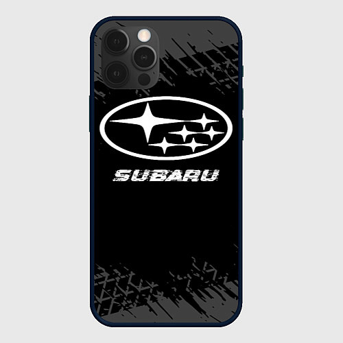 Чехол iPhone 12 Pro Max Subaru speed на темном фоне со следами шин / 3D-Черный – фото 1