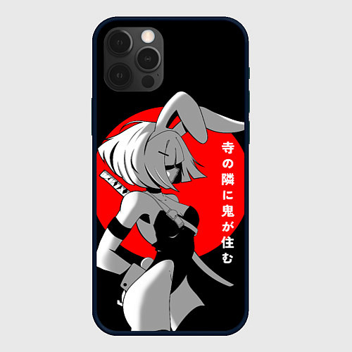 Чехол iPhone 12 Pro Max Секси девушка-самурай с заячьими ушками- иероглифы / 3D-Черный – фото 1
