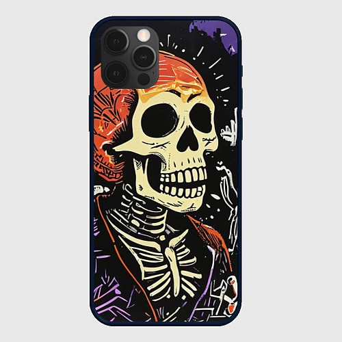 Чехол iPhone 12 Pro Max Мексиканский скелет в пиджаке на кладбище / 3D-Черный – фото 1