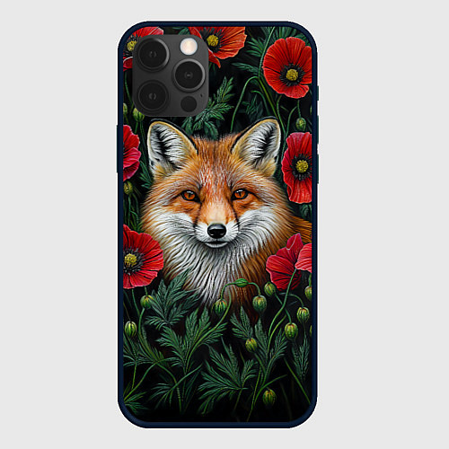 Чехол iPhone 12 Pro Max Лис среди маков / 3D-Черный – фото 1