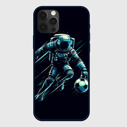 Чехол iPhone 12 Pro Max Космонавт играет в футбол в космосе / 3D-Черный – фото 1