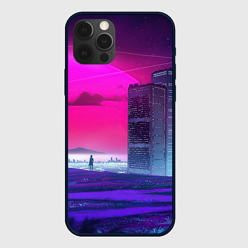 Чехол iPhone 12 Pro Max Synthwave неоновый город / 3D-Черный – фото 1