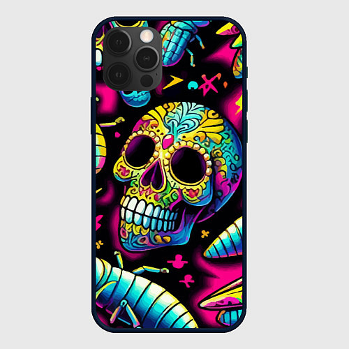 Чехол iPhone 12 Pro Max Мексиканский череп и личинки насекомых - нейроарт / 3D-Черный – фото 1