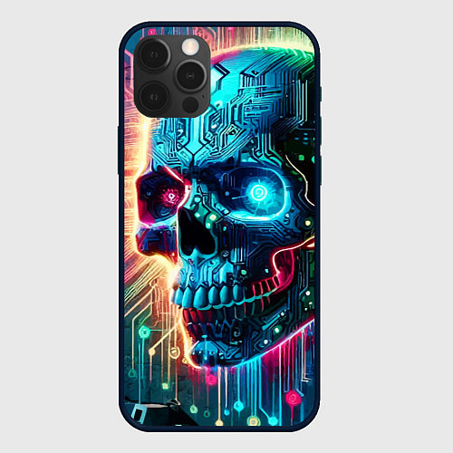 Чехол iPhone 12 Pro Max Cool cyber skull - neon glow / 3D-Черный – фото 1