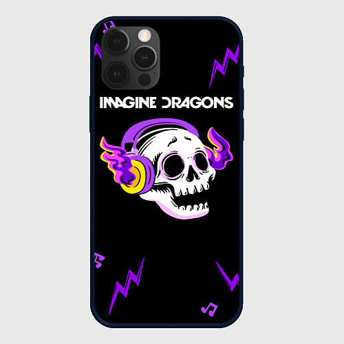 Чехол iPhone 12 Pro Max Imagine Dragons неоновый череп / 3D-Черный – фото 1