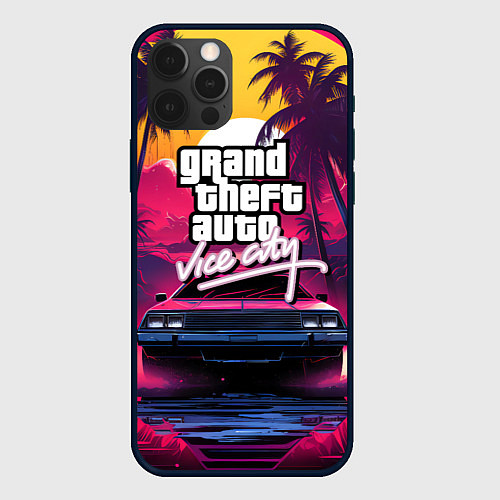 Чехол iPhone 12 Pro Max Grand Theft Auto VI - автомобиль на закате / 3D-Черный – фото 1