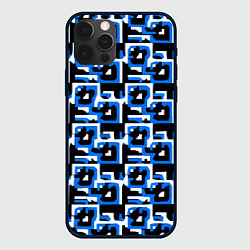 Чехол iPhone 12 Pro Max Бело-синие фигуры на чёрном фоне