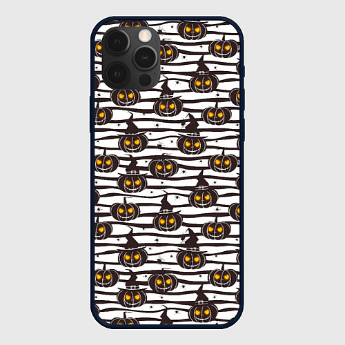 Чехол iPhone 12 Pro Max Halloween - тыквы, светящиеся глаза / 3D-Черный – фото 1