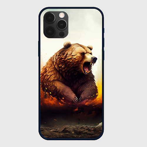 Чехол iPhone 12 Pro Max Агрессивный бурый медведь / 3D-Черный – фото 1