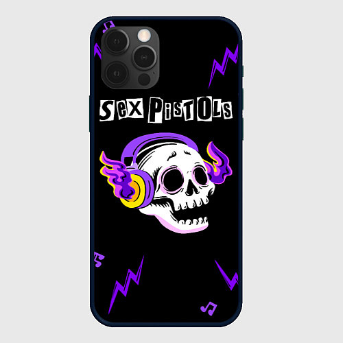 Чехол iPhone 12 Pro Max Sex Pistols неоновый череп / 3D-Черный – фото 1