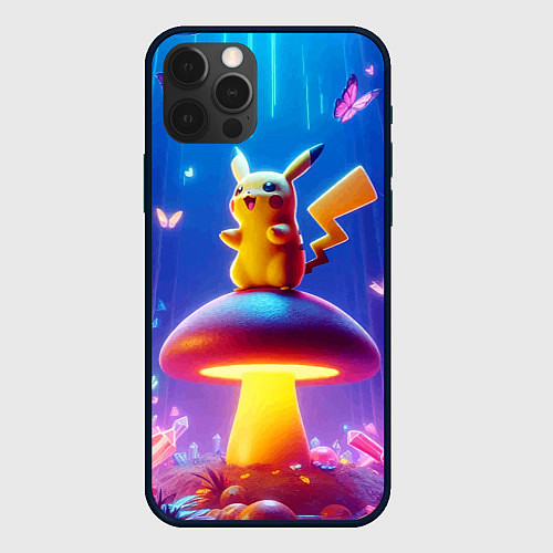 Чехол iPhone 12 Pro Max Пикачу на грибе в сказочном лесу - фантазия / 3D-Черный – фото 1