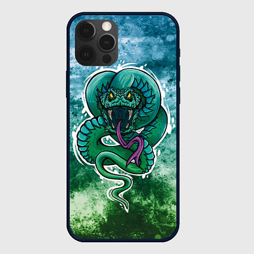 Чехол iPhone 12 Pro Max Агрессивная зеленая змея на абстрактном фоне / 3D-Черный – фото 1