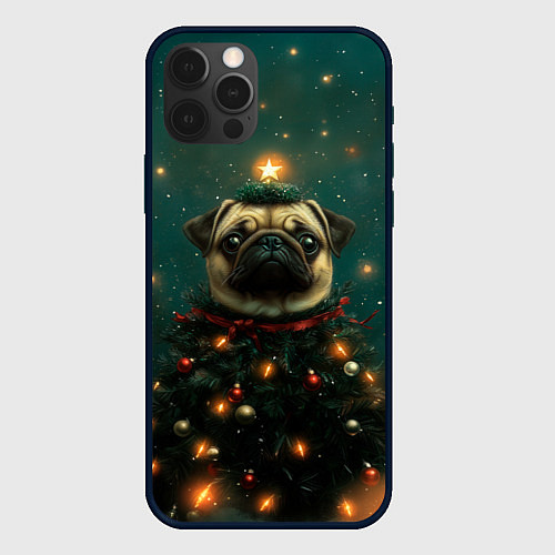 Чехол iPhone 12 Pro Max Мопс - новогодняя елка / 3D-Черный – фото 1