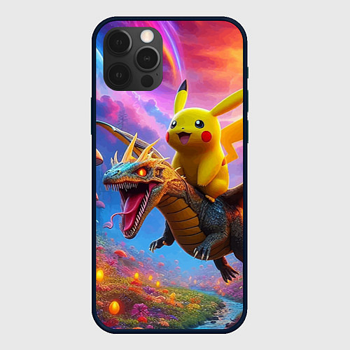 Чехол iPhone 12 Pro Max Пикачу летит на драконе среди грибов / 3D-Черный – фото 1