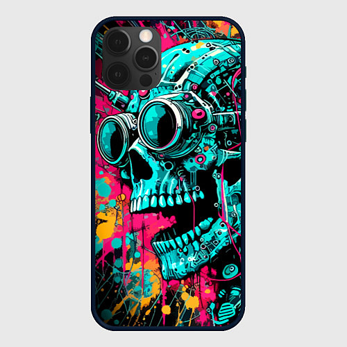 Чехол iPhone 12 Pro Max Cyber skull sketch - color blots / 3D-Черный – фото 1