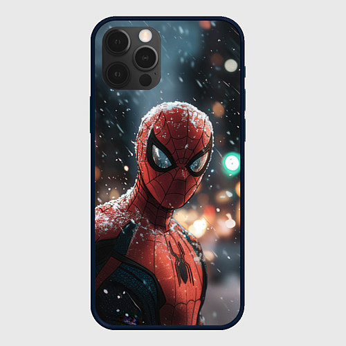 Чехол iPhone 12 Pro Max Spider man на фоне снегопада / 3D-Черный – фото 1