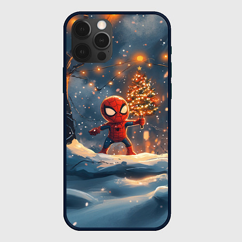 Чехол iPhone 12 Pro Max Маленький человек-паук держит елку / 3D-Черный – фото 1