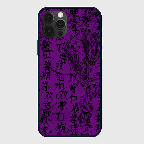 Чехол iPhone 12 Pro Max Purple dragon - hieroglyphics / 3D-Черный – фото 1