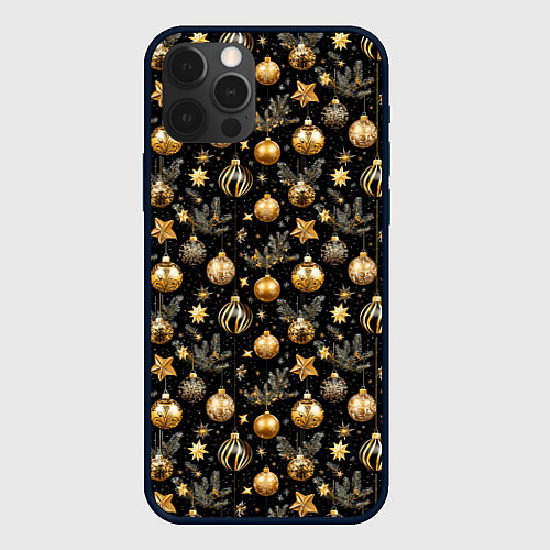 Чехол iPhone 12 Pro Max Золотые новогодние шары / 3D-Черный – фото 1