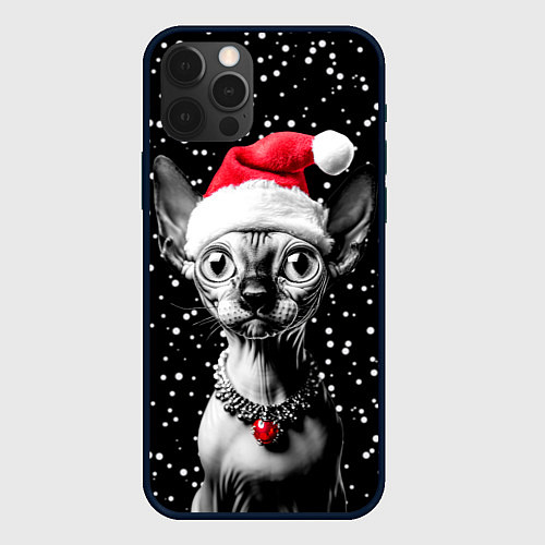 Чехол iPhone 12 Pro Max Сфинкс в шапке Санты / 3D-Черный – фото 1