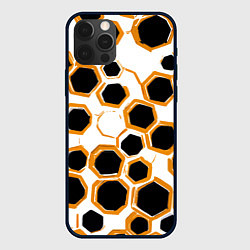 Чехол iPhone 12 Pro Max Чёрно-жёлтые шестиугольники на белом фоне