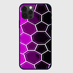 Чехол для iPhone 12 Pro Max Белые шестиугольники на чёрно-фиолетовом фоне, цвет: 3D-черный