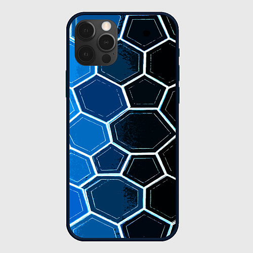 Чехол iPhone 12 Pro Max Белые шестиугольники на чёрно-синем фоне / 3D-Черный – фото 1