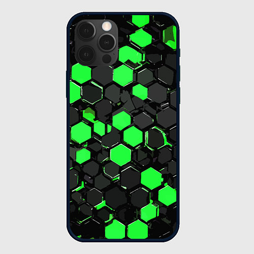 Чехол iPhone 12 Pro Max Зелёно-серые шестиугольники на чёрном фоне / 3D-Черный – фото 1