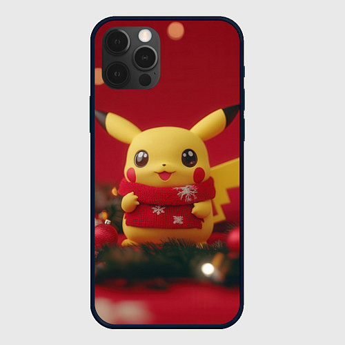 Чехол iPhone 12 Pro Max Пикачу новогодний в красном шарфе / 3D-Черный – фото 1