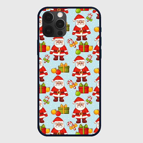 Чехол iPhone 12 Pro Max Новогодний паттерн с Сантой и подарками / 3D-Черный – фото 1