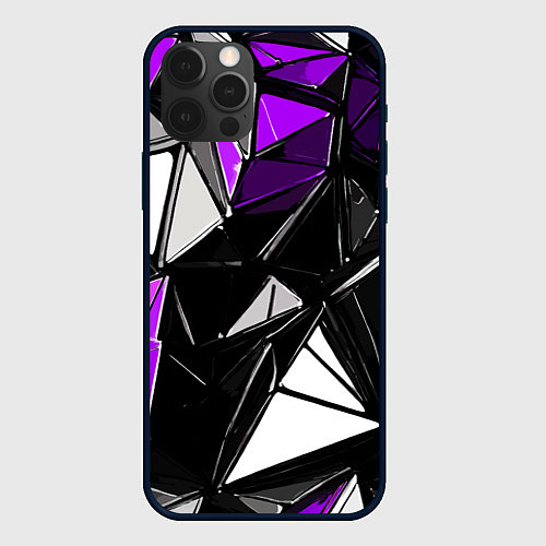 Чехол iPhone 12 Pro Max Фиолетово-белые рельефные треугольники на чёрном ф / 3D-Черный – фото 1